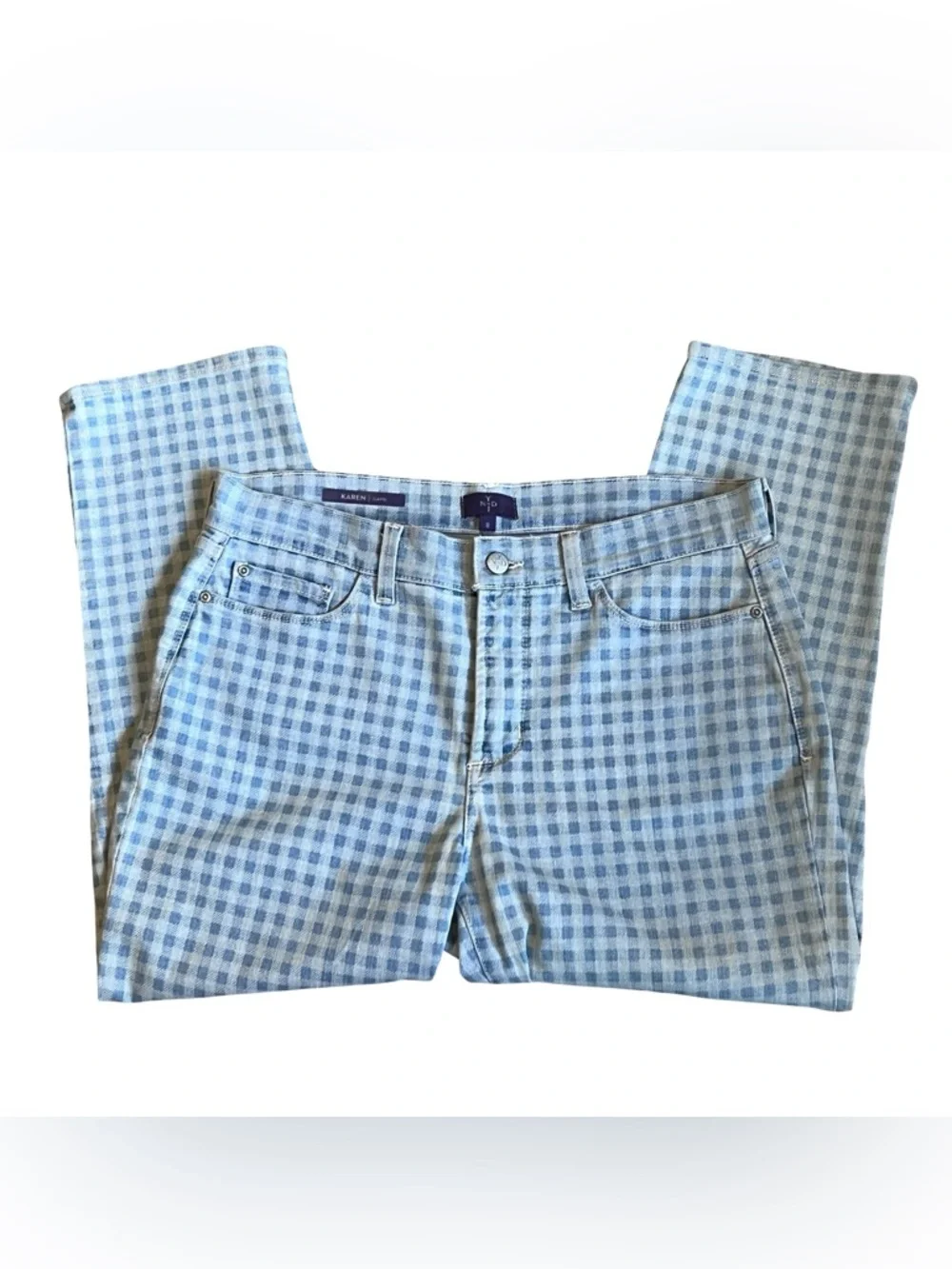 NYDJ Women’s Sz 8 Blue Gingham High Rise Karen Capri Denim Jeans Stretch - Picture 4 of 16